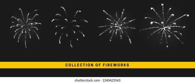 Vector white light effect. Set festive fireworks isolated on black background.