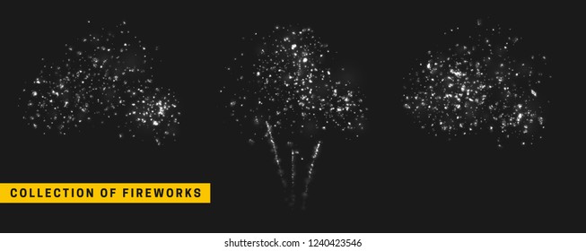 Vector white light effect. Set festive fireworks isolated on black background.