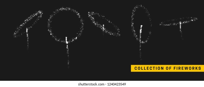 Vector white light effect. Set festive fireworks isolated on black background.