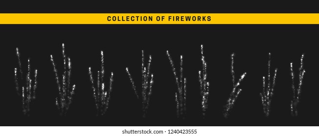 Vector white light effect. Set festive fireworks isolated on black background.