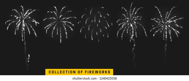 Vector white light effect. Set festive fireworks isolated on black background.