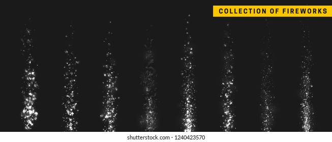 Vector white light effect. Set festive fireworks isolated on black background.