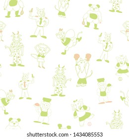 Vector white light green fun anthropomorphic characters seamless pattern background