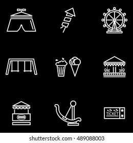 Vector white line Amusement Park icons set on black background