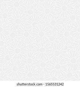 Vector White Line Art Overlapping Daisies on Light Gray Seamless Repeat Pattern. Background for textiles, cards, manufacturing, wallpapers, print, gift wrap and scrapbooking.