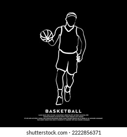 Vector white line art of professional basketball player isolated on black background