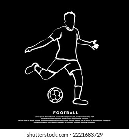 Vector white line art of soccer player kicking a free ball isolated on black background
