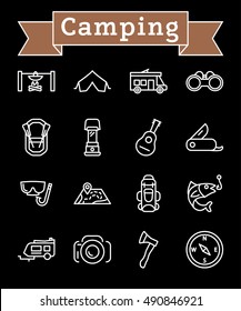 Vector white line camping, outdoor, travel on black background