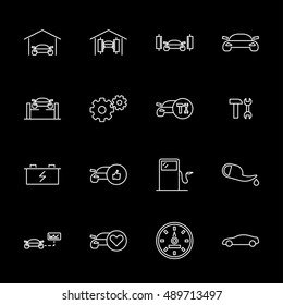 Vector white line car service icons set on black background