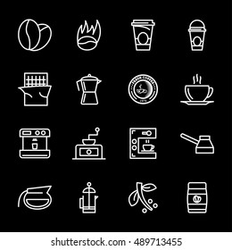 Vector white line coffee icons set on black background
