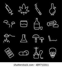 Vector white line drinks and drugs icons set on black background