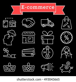 Vector white line E-commerce, shopping icons set on black background.
