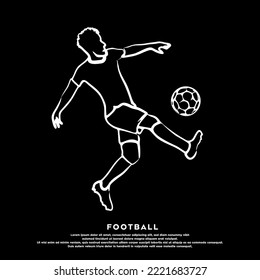 Vector white line football player kicking the ball isolated on black background
