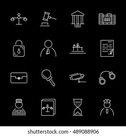 Vector white line justice icons set on black background