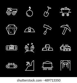 Vector white line mining icons set on black background
