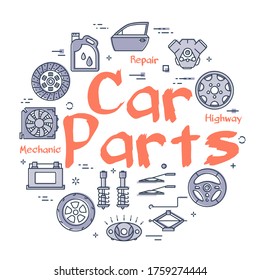 Vector white line round banner of car parts