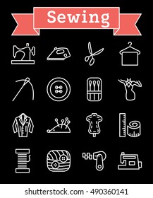 Vector white line sewing equipment and needlework icons set on black background