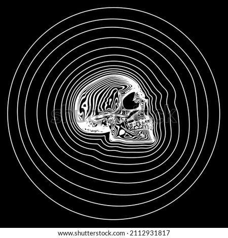 Vector white line skull on black background with white water ripple rings.