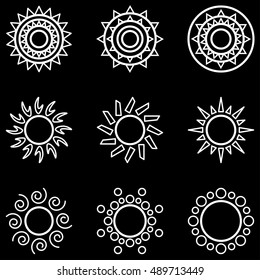 Vector white line sun icons set on black background