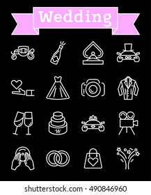Vector white line wedding icons set on black background