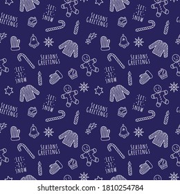 Caricatura lineal vectorial Navidad y Año Nuevo patrón sin fisuras con suéter, miten, vela, chupete, campana, copos de nieve, pan de jengibre, torta para la web, impresión, textura de tela o papel tapiz.