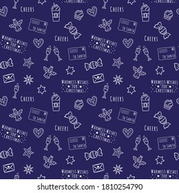 Vector white linear cartoon Christmas and New Year seamless pattern with champagne, glasses, candy, angel, drink, star, letter, cake for web, print, cloth texture or wallpaper.