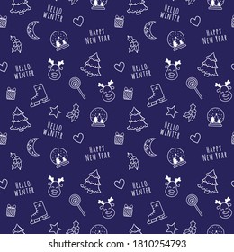 Vector white linear cartoon Christmas and New Year seamless pattern with snow globe, moon, heart, tree, gift, holly, deer, lollipop, ice skates for web, print, cloth texture or wallpaper.