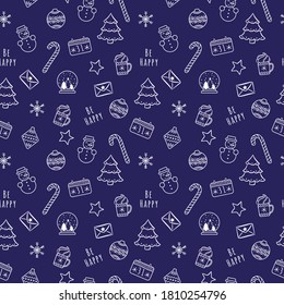 Vector white linear cartoon Christmas and New Year seamless pattern with decorations, snow ball, candy, snowflakes, calendar, snowman, letter, star, lollipop for web, print, cloth texture or wallpaper