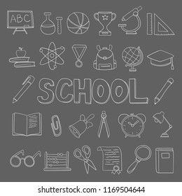 vector white linear illustration related to school and study on a gray background