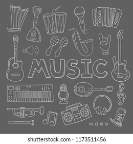 vector white linear illustration related to music and musical instruments on a gray background