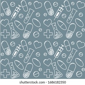 Vector white linear medicine isolated icon seamless pattern with pills and flasks on blue background