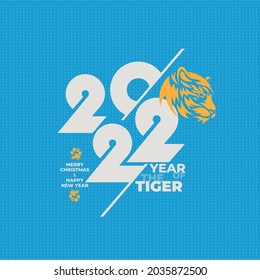 Vector white lines lying on winter sweater background 2022 for poster, brochure, banner, ticket. Numbers and handwritten letters isolated on white background. Figures with tiger head and footprint.