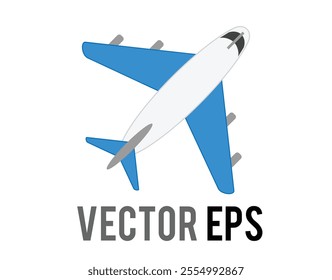 The vector white literal airplane flat icon with blue wings and engines, represent global air travel or flight mode