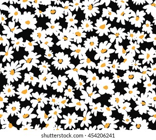 Vector white little daisy on a black background repeat pattern