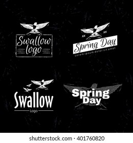 Vector white logo set with bird. Swallow or martlet bird as main element of logotype on black background.