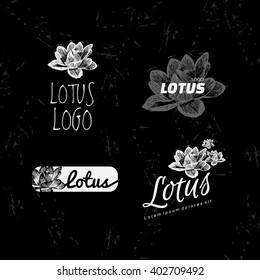 Vector white logo set with Lotus flower. The Water Lily flower as main element of logotypes on black background.