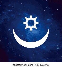 Vector. White logo, symbol moon with a star on a cosmic background. The phase of the moon. Simple template, stylization