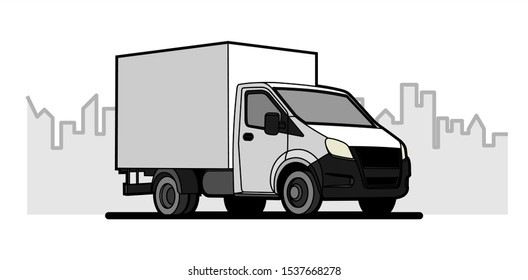 Vector White Lorry On The Background Of The City, The Contour Of The Buildings, The Line Of The Urban Landscape, Three Quarter View. Car Template For Advertising. Little Truck.