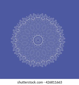 Vector White Mandala Isolated on Blue Background. Round Ornament