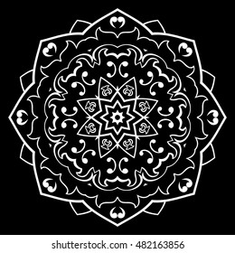 Vector white mandala on a black background. Oriental ornament. Round element for design. 