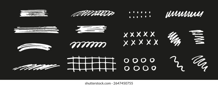 Vector white marker stroke, brush, line or texture. Dirty artistic design element. Curves, zigzag, underline, cross patterns. Text divider, symbol.