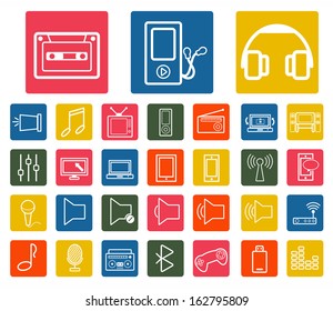 Vector white media and communication icons set on colorful background