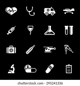 Vector white medical icons set on black background
