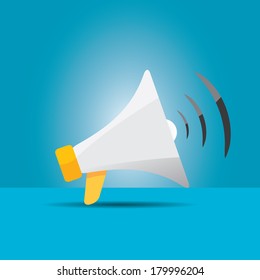 vector white megaphone icon on blue background