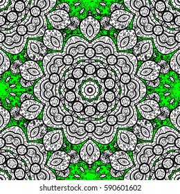 Vector white mehndi pattern. Ornamental floral elements with henna tattoo, stickers, mehndi and yoga design, cards and prints. Pattern on green and white background with white elements.