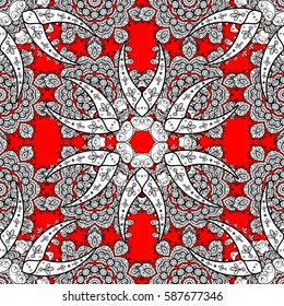 Vector white mehndi seamless pattern. Ornamental floral elements with henna tattoo, whiteen stickers, mehndi and yoga design, cards and prints. Pattern on red background.