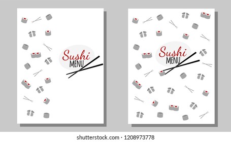 Vector white menu template with Sushi, unagi, tobiko icons and chopsticks with Japanese food logo. Vector template for asian restaurant of bar emblem isolated on grey background