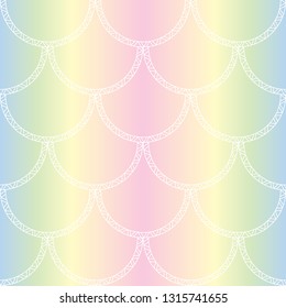 Vector white mermaid tail texture. Fish scales seamless pattern on rainbow gradient background