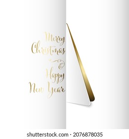 Vector white Merry Christmas card with a triangle christmas tree cut from the paper with golden background and sample text