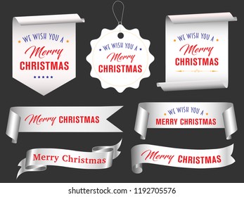 Vector, white merry christmas ribbon banners set,  Paper scrolls, Ribbons, stickers.